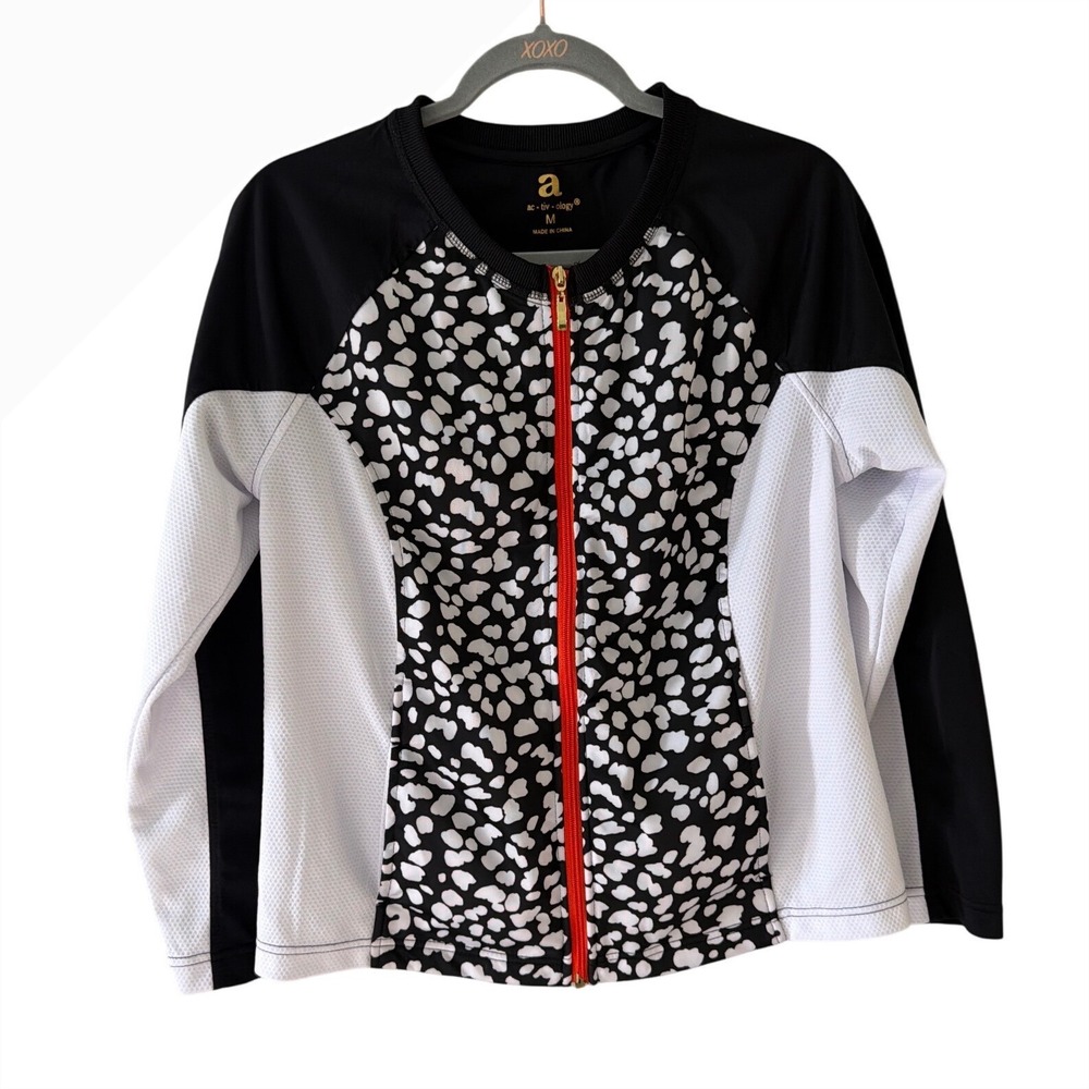 Activology Womens Black White Spotted Animal Print Full‎ Zip Mesh Track Jacket M